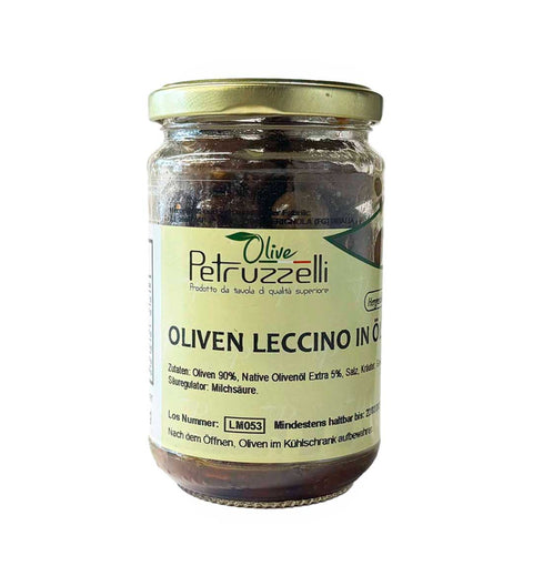 Petruzzelli Olive Leccino Schwarze marinierte Oliven mit Kern
