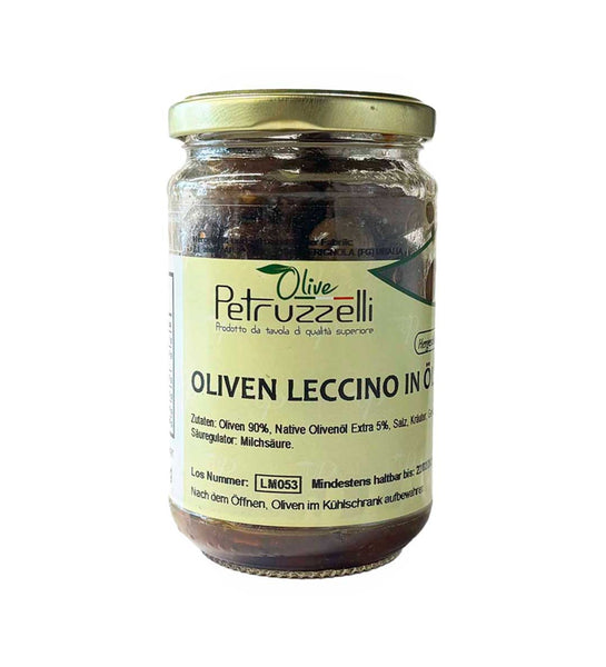Petruzzelli Olive Leccino Schwarze marinierte Oliven mit Kern